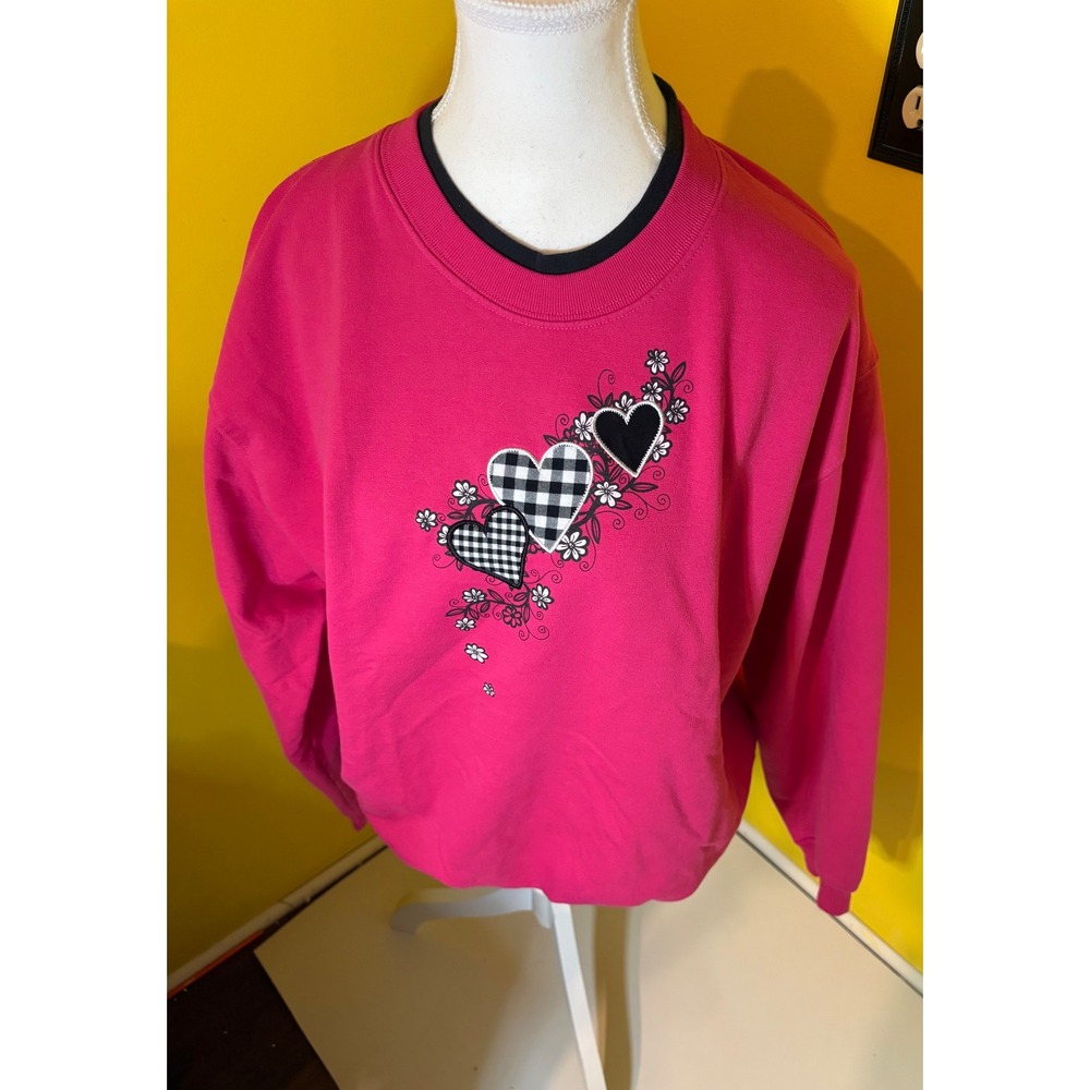 VTG Country Store Sweatshirt Womens XL Pink Gingham Plaid Hearts Flowers Grandma